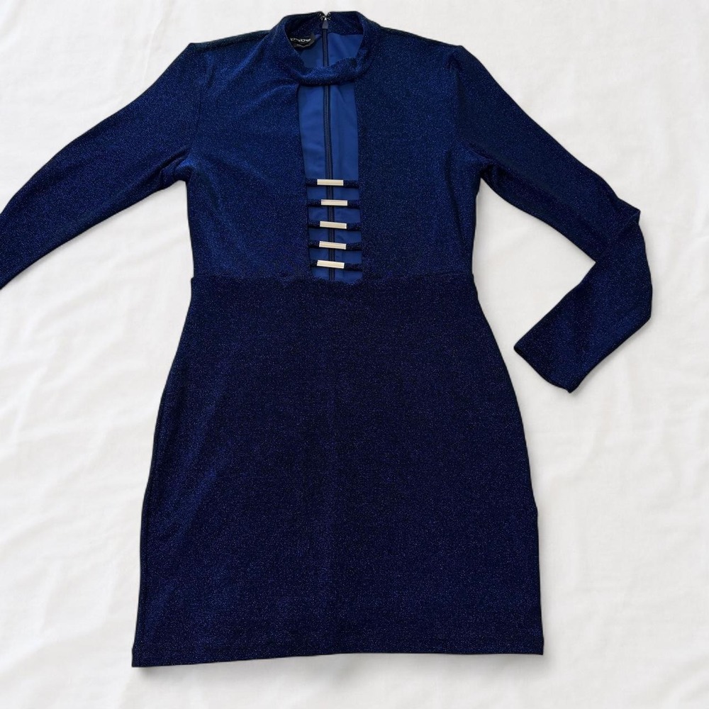 Bebe Metallic Cutout Bodycon Mini Dress Navy Blue